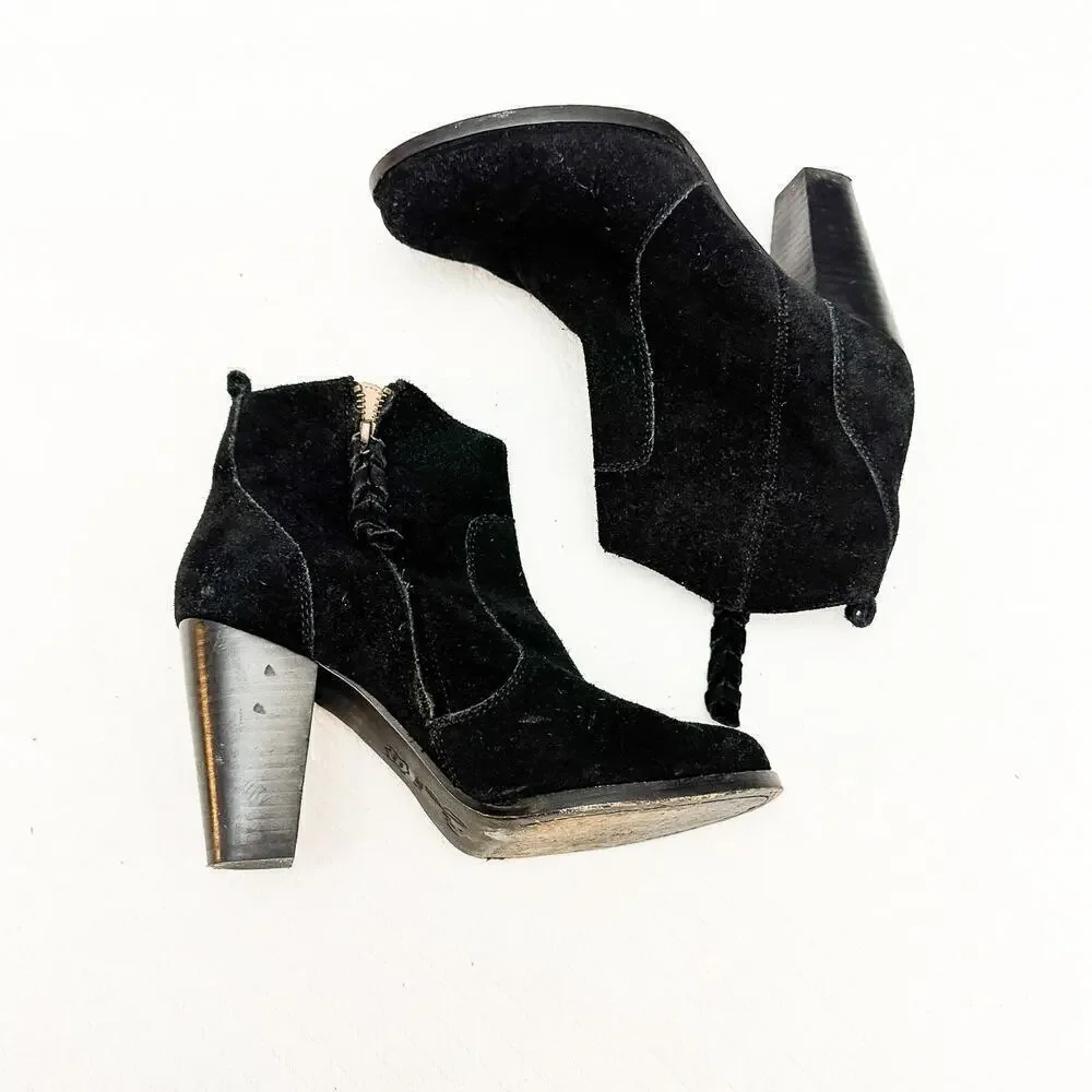 Joie Black Suede Ankle Bootie Round Toe Side Zip Size 38.5